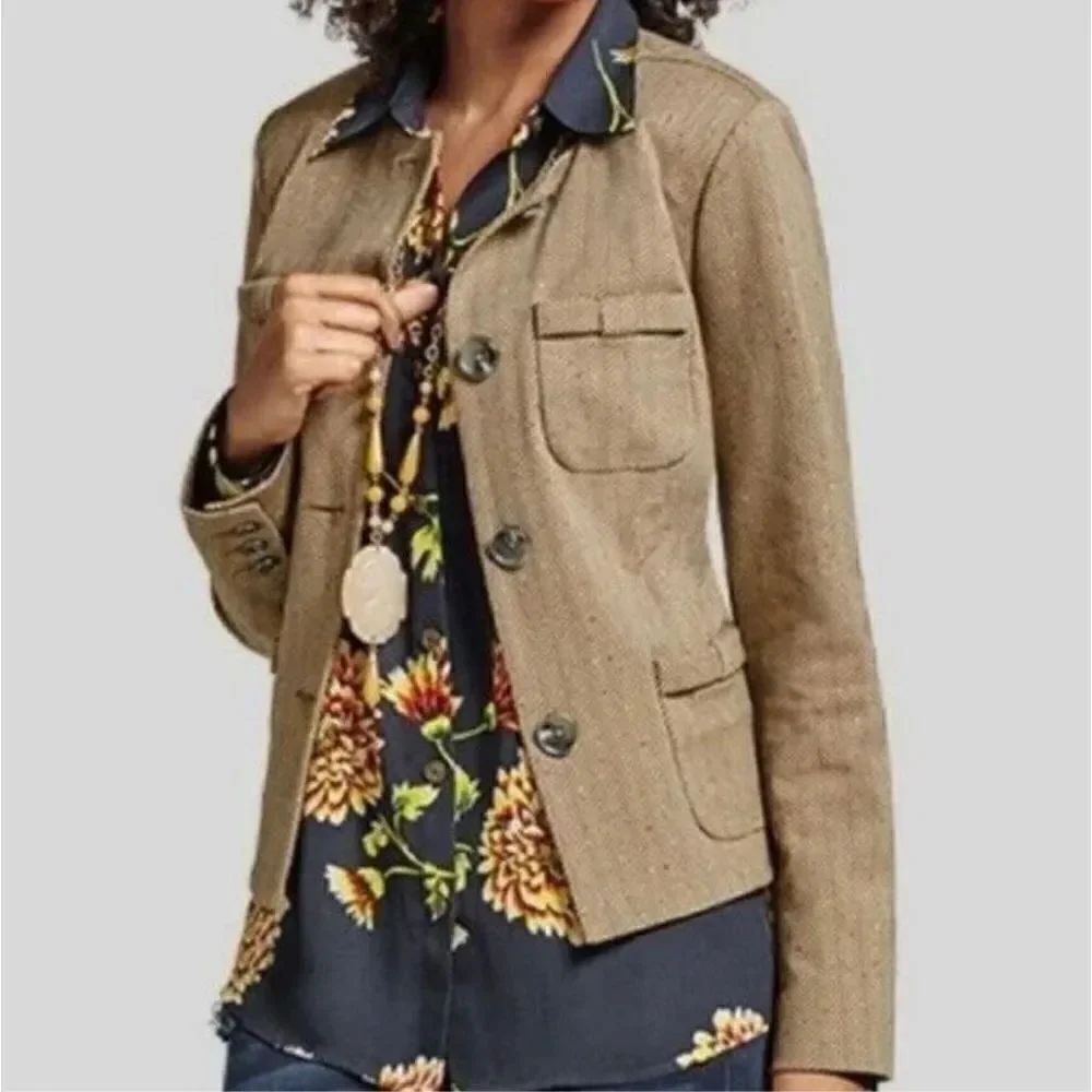Womens CAbi Brown Dot Bow Pocket Herringbone Penny Blazer #3170 Jacket - Sz S